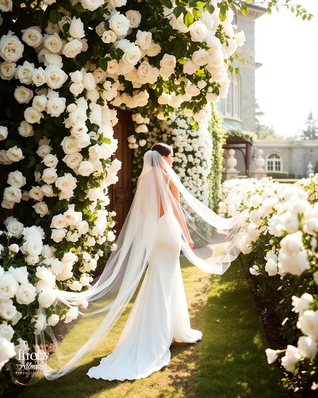 Bride in a flowing veil framed by white garden roses