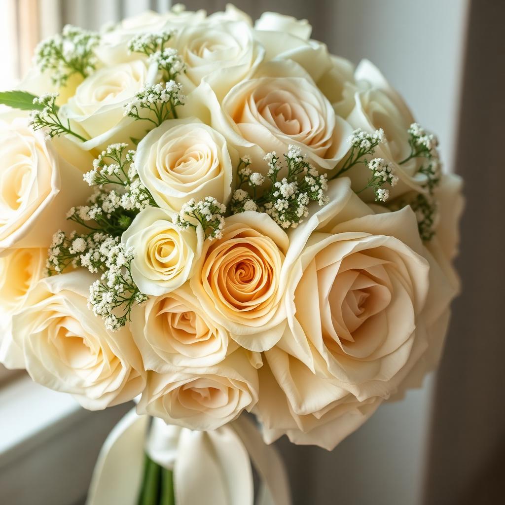 Cascading bridal bouquet of ivory garden roses