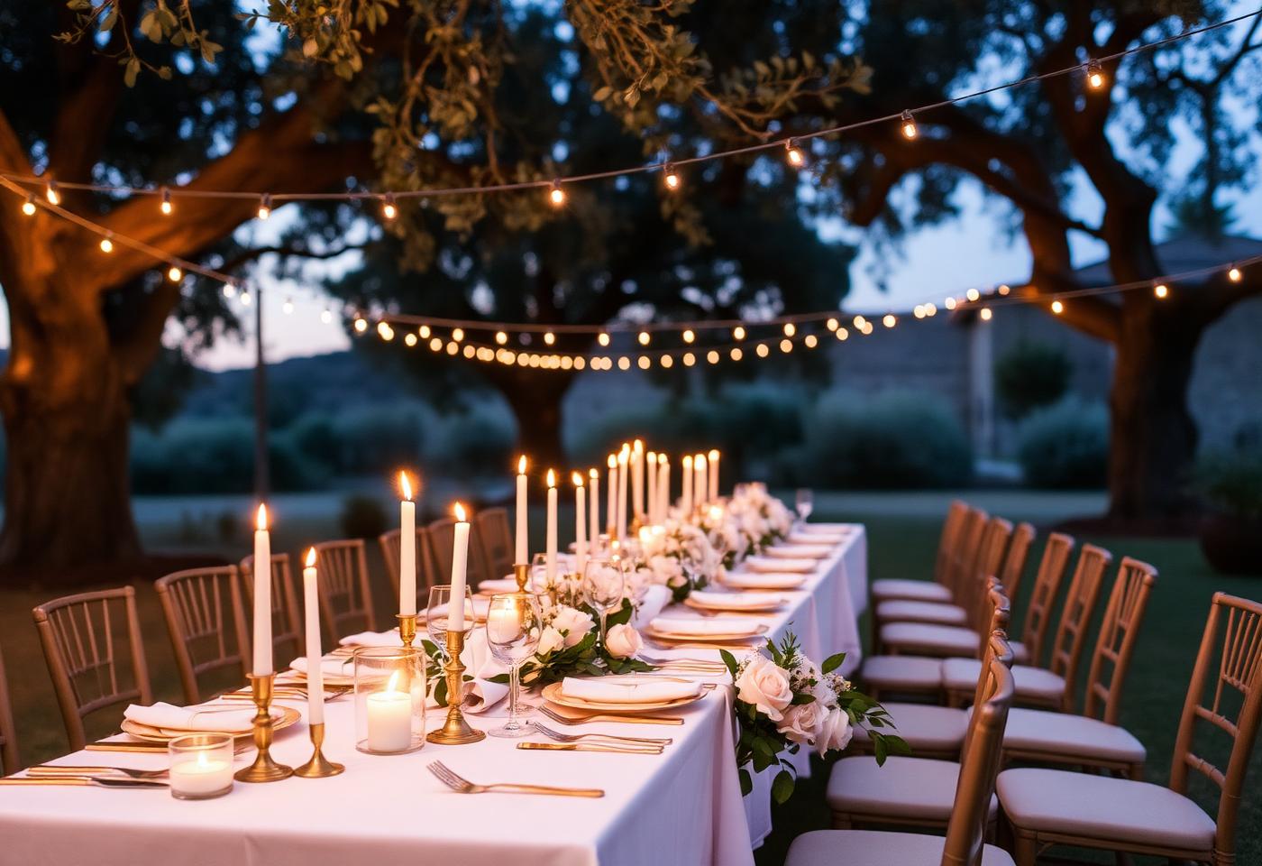 Candlelit garden dinner under olive trees