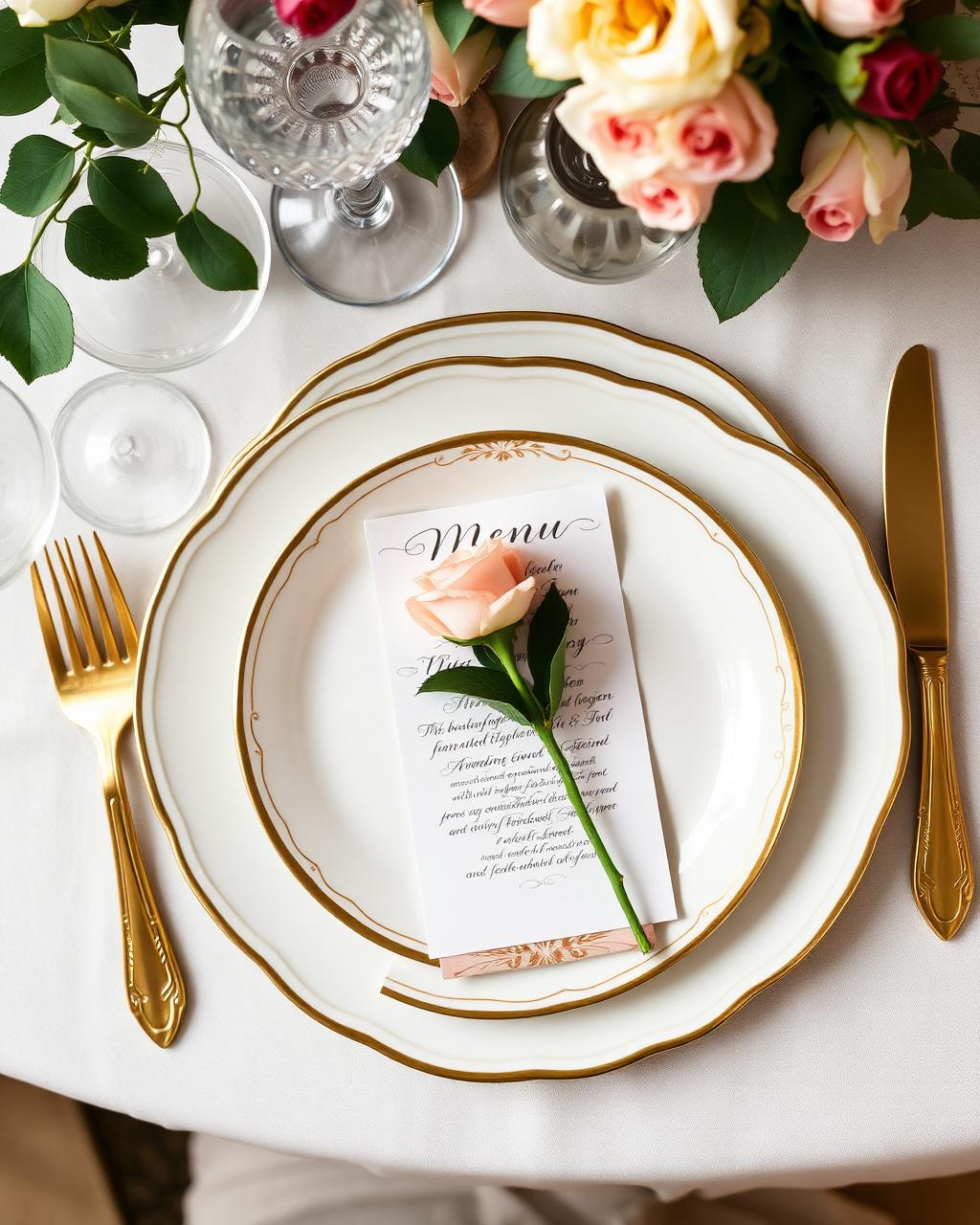 Place setting with calligraphy menu and rose